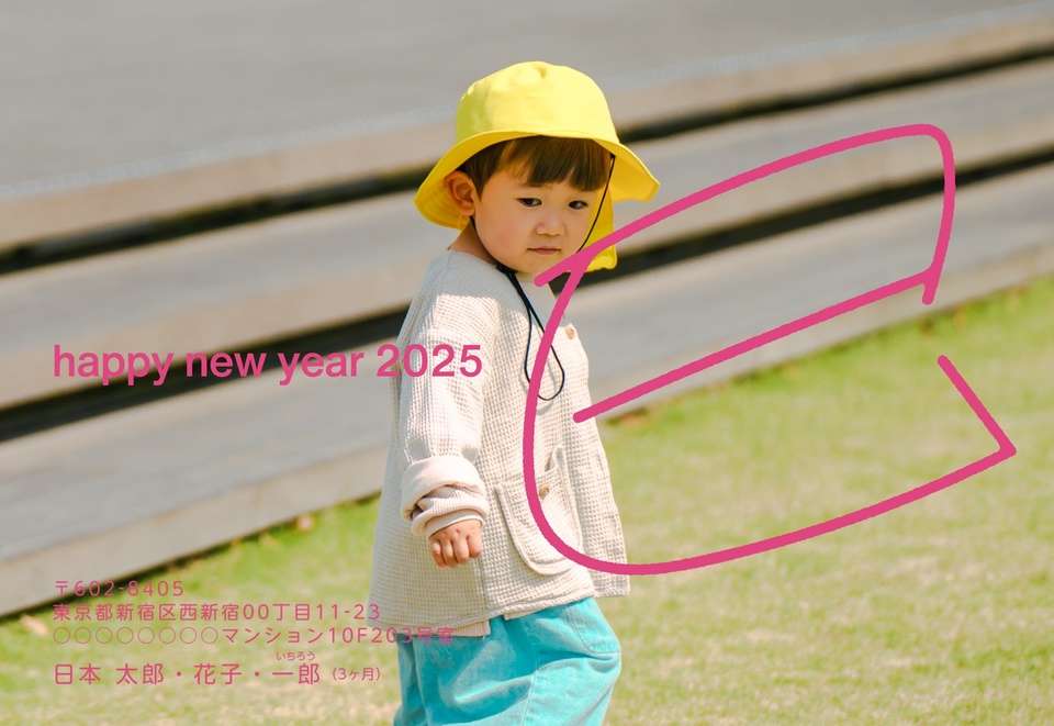 年賀状デザイン NDD087(しまうま定番・干支(巳)・写真メイン・カジュアル・横向き)