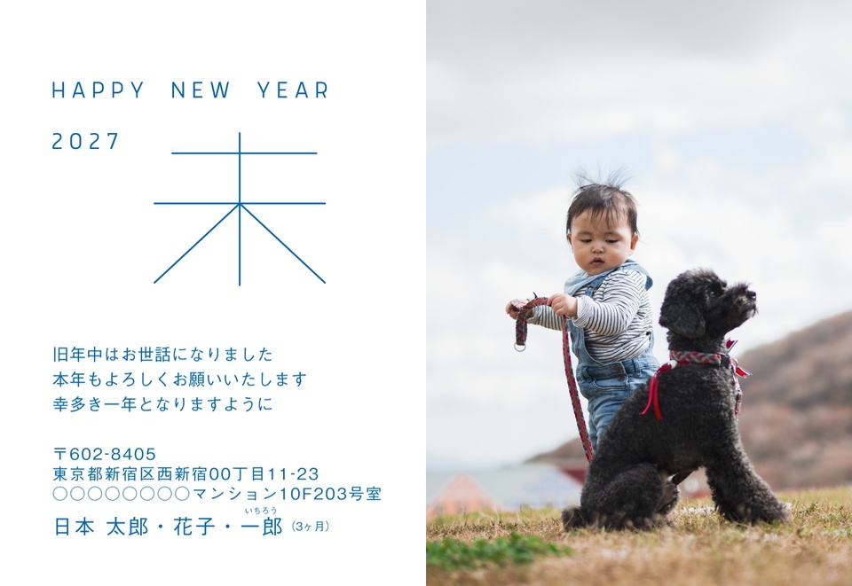 年賀状デザイン NDD072（干支（未）・写真メイン・シンプル・しまうま定番・横向き）